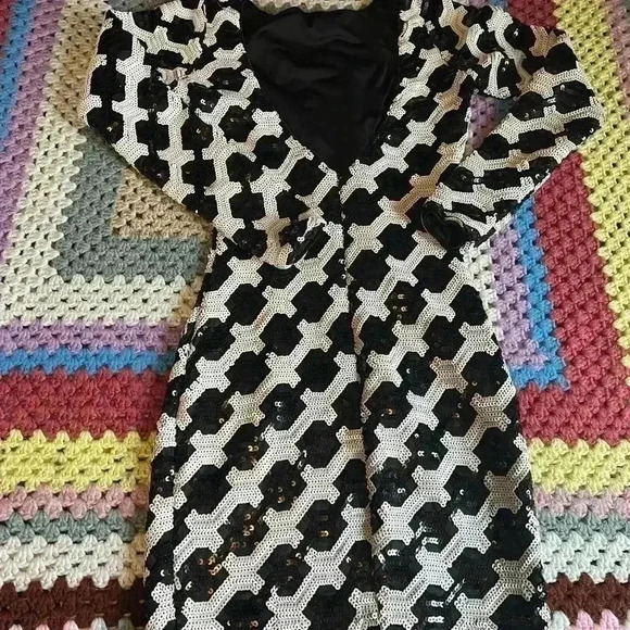 Dress the Population Lola Black Ivory Sequined Checkered Cocktail Mini Dress XS - Picture 3 of 6